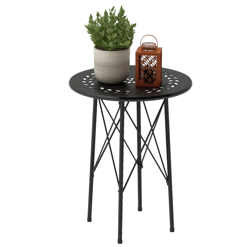 15.7" Round Garden Table with Floral Cut-Out, Steel Balcony Side Bistro Coffee Table with Adjustable Feet, Black
