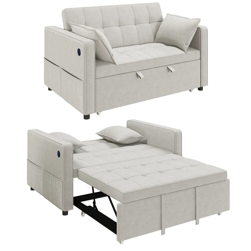 3‑in‑1 Convertible Sofa Bed, Pull Out Sleeper Sofa with USB Charging, Adjustable Backrest, Side Pockets, Beige
