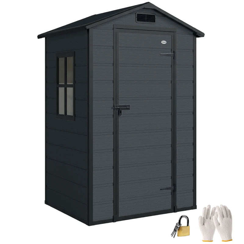 4' x 3' Plastic Garden Shed with Floor, Outdoor Small Shed with Lockable Door, Window and Vent, Dark Grey