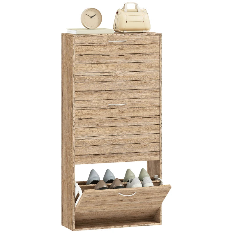 Shoe Storage Cabinet with 3 Flip Drawers, Narrow and Slim, 12 Pair of Shoes Organizer for Hallway, Entryway, Oak