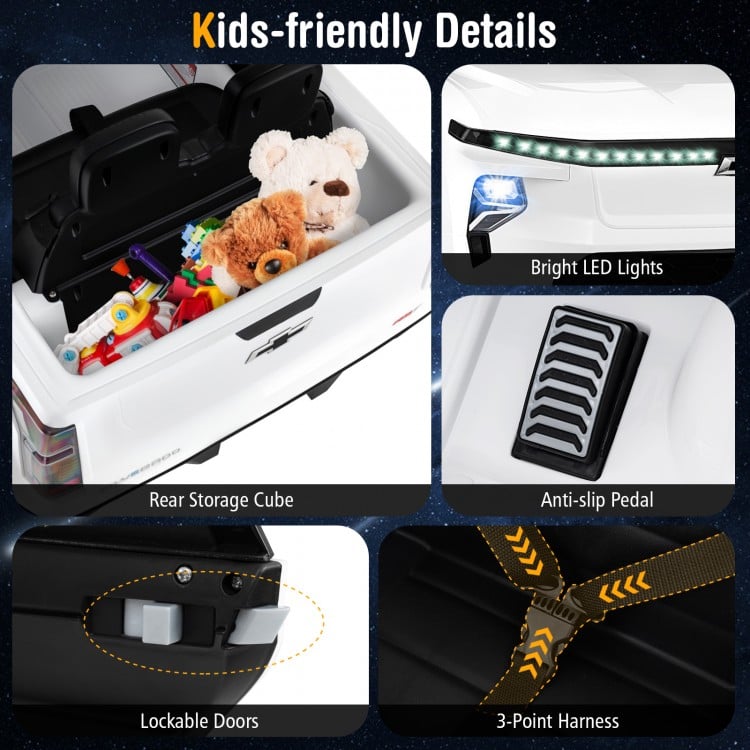 12V Ride on Car Truck Licensed Chevrolet with Remote Control Gift for 3+-White