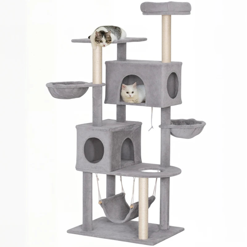 66 Inch Large Cat Tree with 2 Door Condos, 3 Big Hammocks, Plush Top Perch, Sisal Scratching Posts, Light Grey