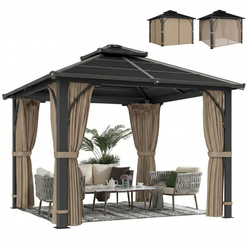 10' x 10' Hardtop Gazebo with 7mm Double Polycarbonate Roof, Outdoor Gazebo with Netting and Curtains, Khaki