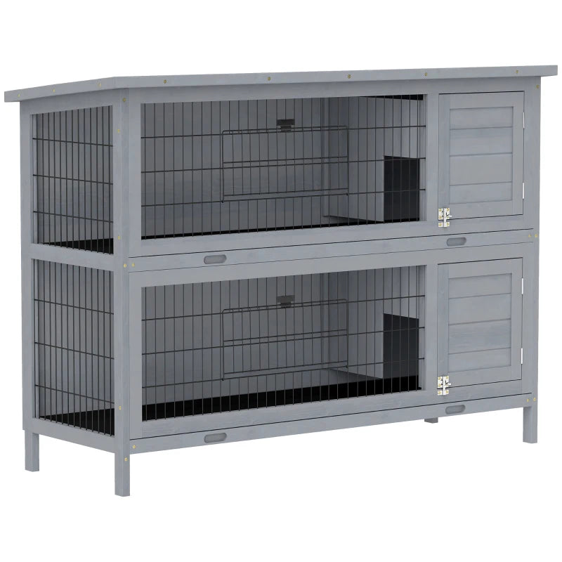2 Tier Wooden Rabbit Hutch Bunny Pet House Wooden Coop Run, Grey