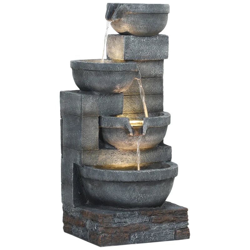30" Tall Outdoor Water Fountain with LED Lights, 4-Tier Resin Cascading Bowls Garden Fountain Waterfall Fountain with Pump, Grey