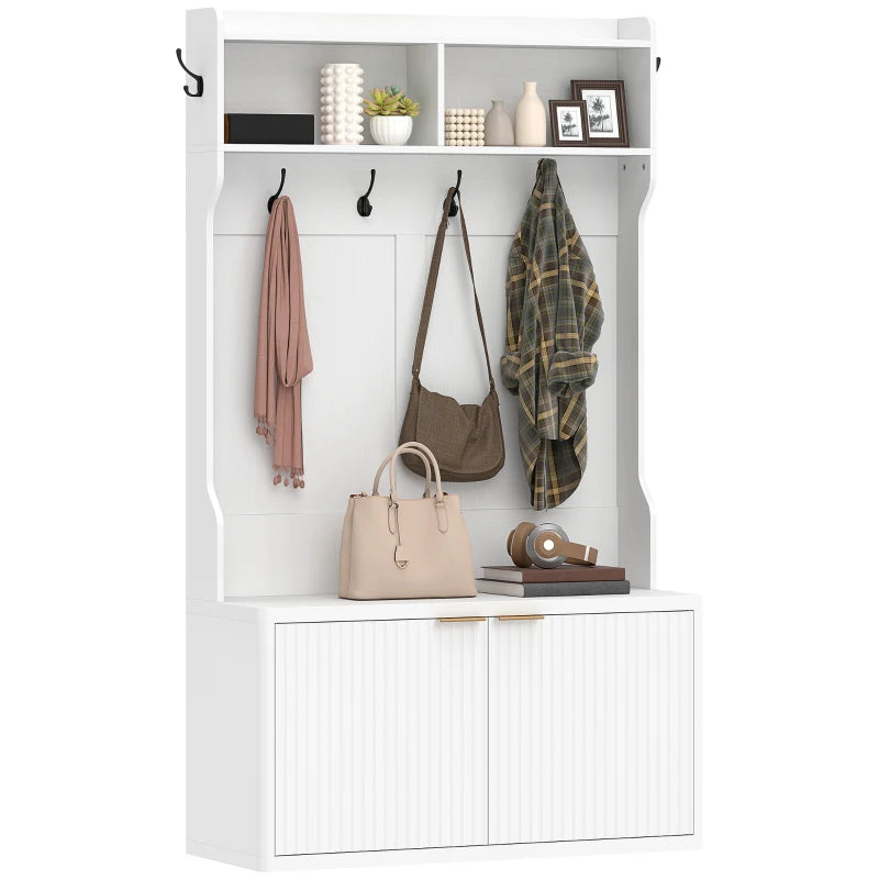 4-In-1 Hall Tree with Shoe Bench, Modern Coat Rack with Open Shelf for Hallway, Entryway, Bedroom, Living Room, White