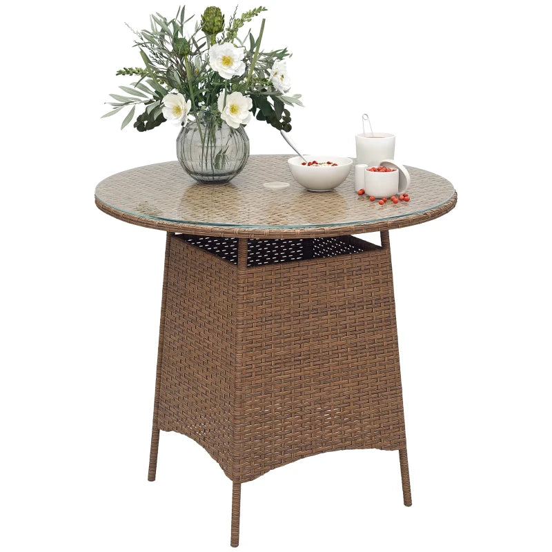 31.5" Outdoor Round Patio Table with Umbrella Hole, Bistro Coffee Table with Tempered Glass Top for Garden, Brown