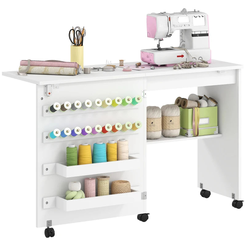 Sewing Machine Table on Wheels, Folding Craft Table with 2 Bins, Storage Shelf, 18 Pegs, Lockable Wheels, White