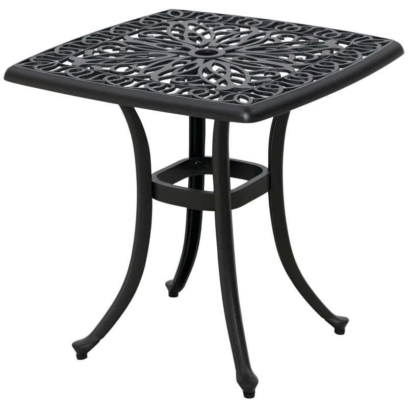 21" Square Outdoor End Table, Cast Aluminum Patio Side Table with Umbrella Hole for Garden, Balcony, Poolside, Black