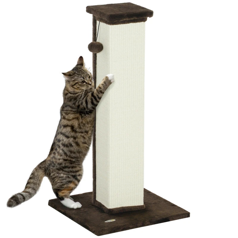 32" Tall Cat Scratching Post for Indoor Cats and Kittens, Sisal Cat Scratcher with Hanging Ball Soft Plush, Brown