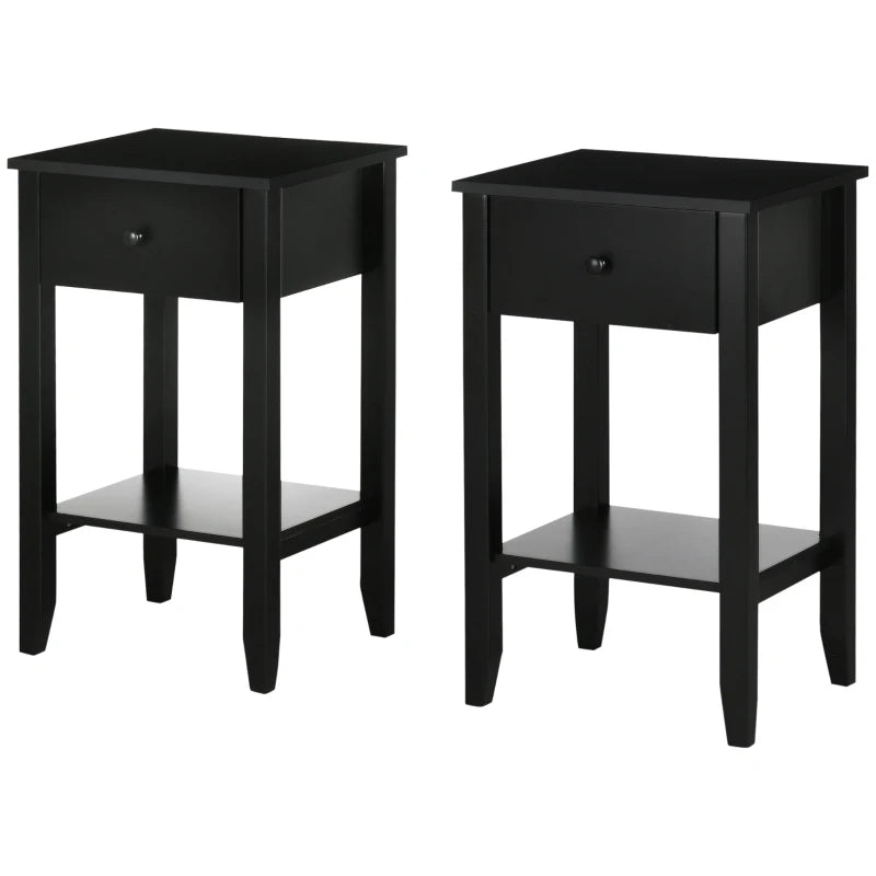 Side Table Set of 2, End Tables with Drawer and Bottom Shelf, 2-tier Nightstand for Bedroom, Living Room, Black