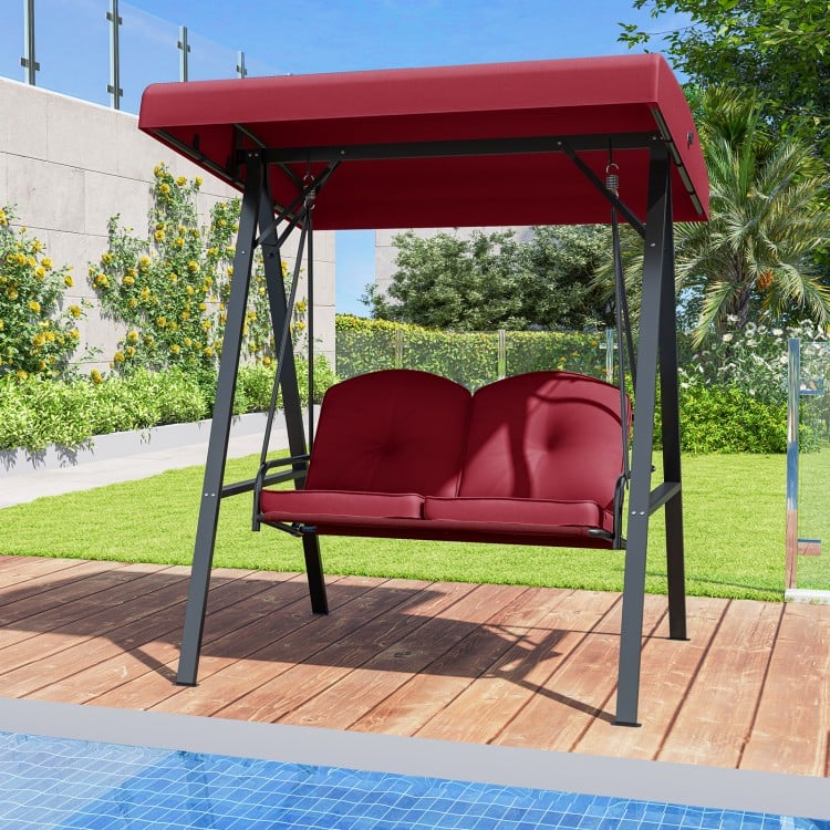 2-Person Outdoor Porch Swing with A-Shaped Metal Stand and Adjustable Canopy-Wine
