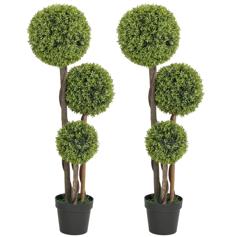 45 Inch Potted Fake Plant Set of 2, Artificial Boxwood Topiary Tree, Triple Ball Tree for Indoor and Outdoor, Green