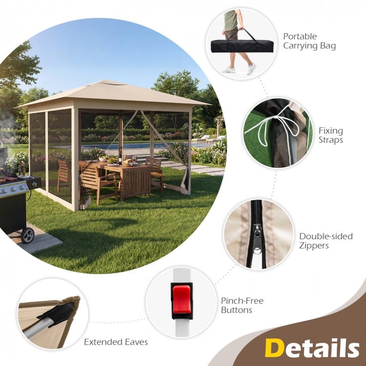 11.5 x 11.5 FT Pop-up Canopy Instant One-Person Setup with Mesh Screen Netting-Beige