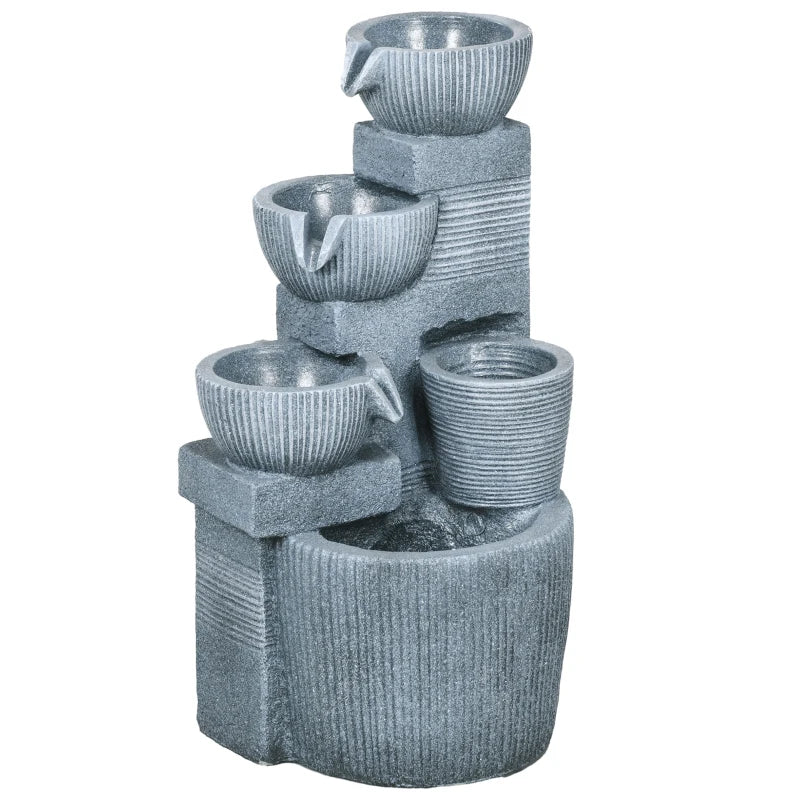 Solar Powered Outdoor Water Fountain, 4-Tier Floor Standing Resin Cascading Bowls Waterfall Fountain with LED Lights
