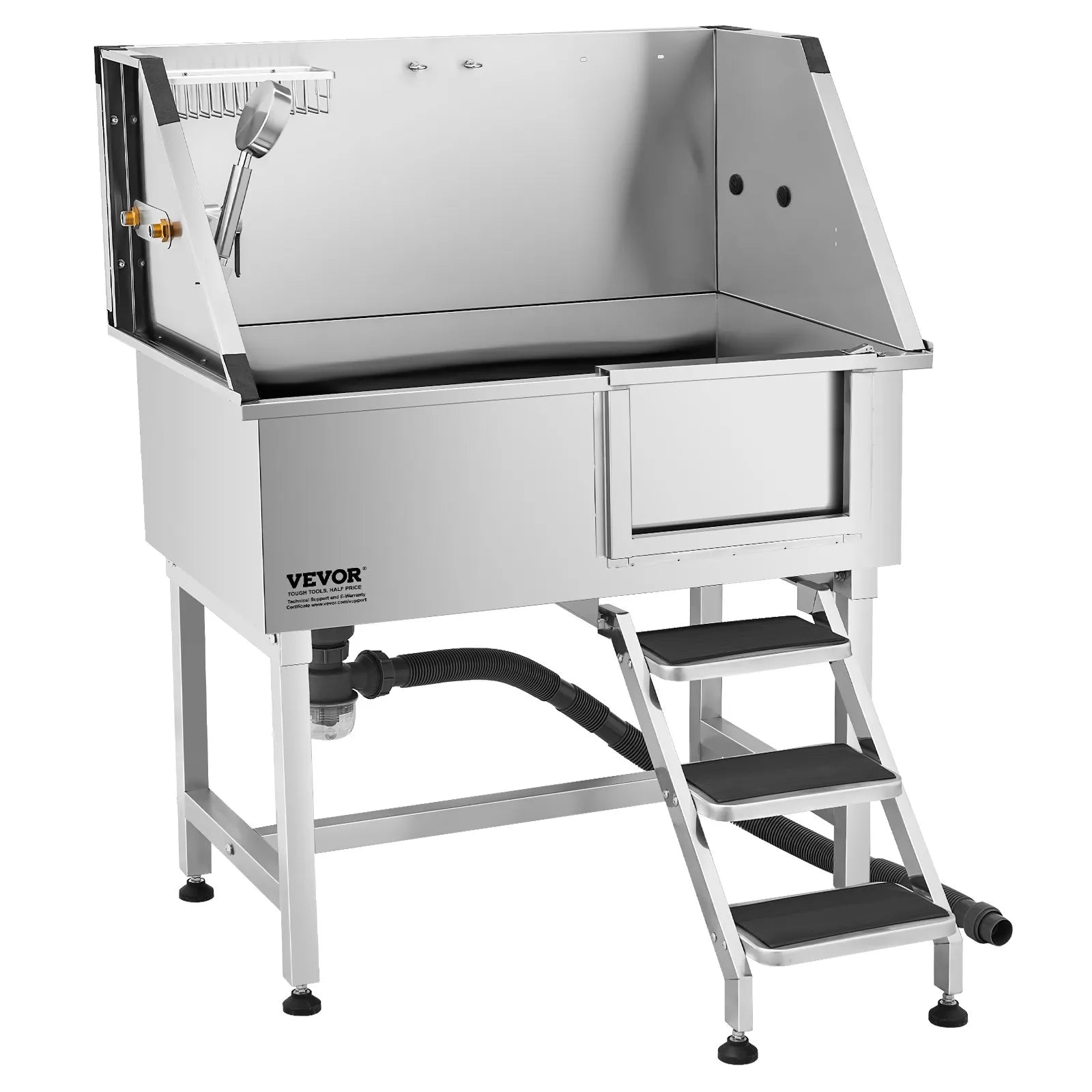 VEVOR 38" Dog Grooming Bath Tub Stainless Steel w/ Stairs Faucet Showerhead