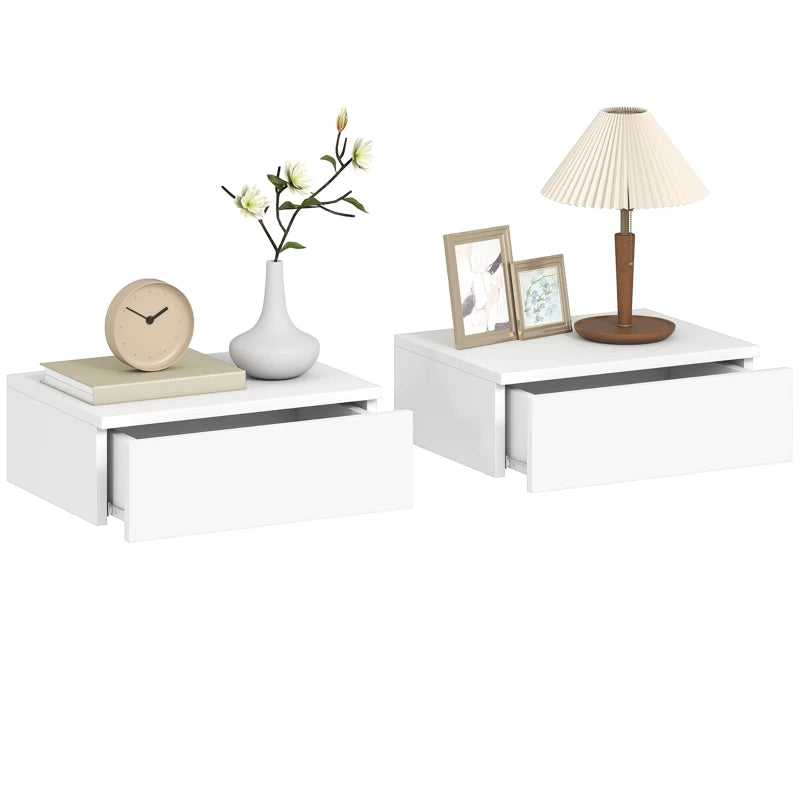 Set of 2 Wall Mounted Bedside Tables, Floating Nightstands with Drawer for Bedroom, White