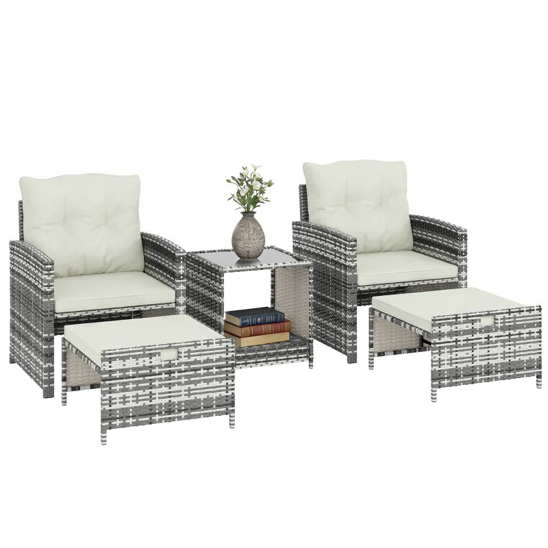 5 Piece Patio Furniture Set, Wicker Patio Chairs with Ottomans, 2-Tier Glass Coffee Table and Cushions, Grey/Cream White