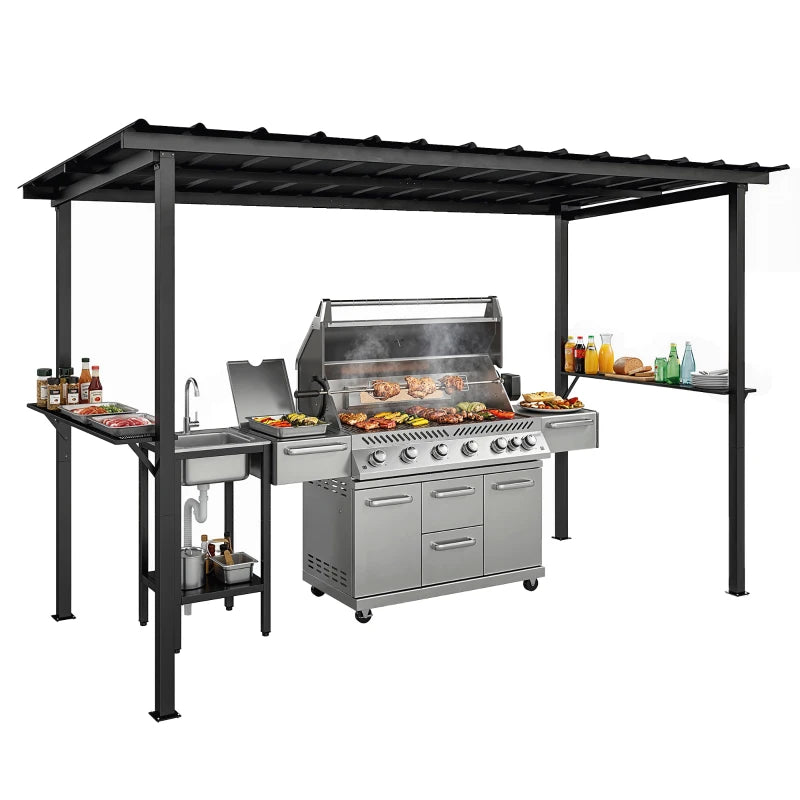12' x 6' Hardtop Grill Gazebo, BBQ Gazebo with 2 Side Shelves and Galvanized Metal Slope Roof, Black