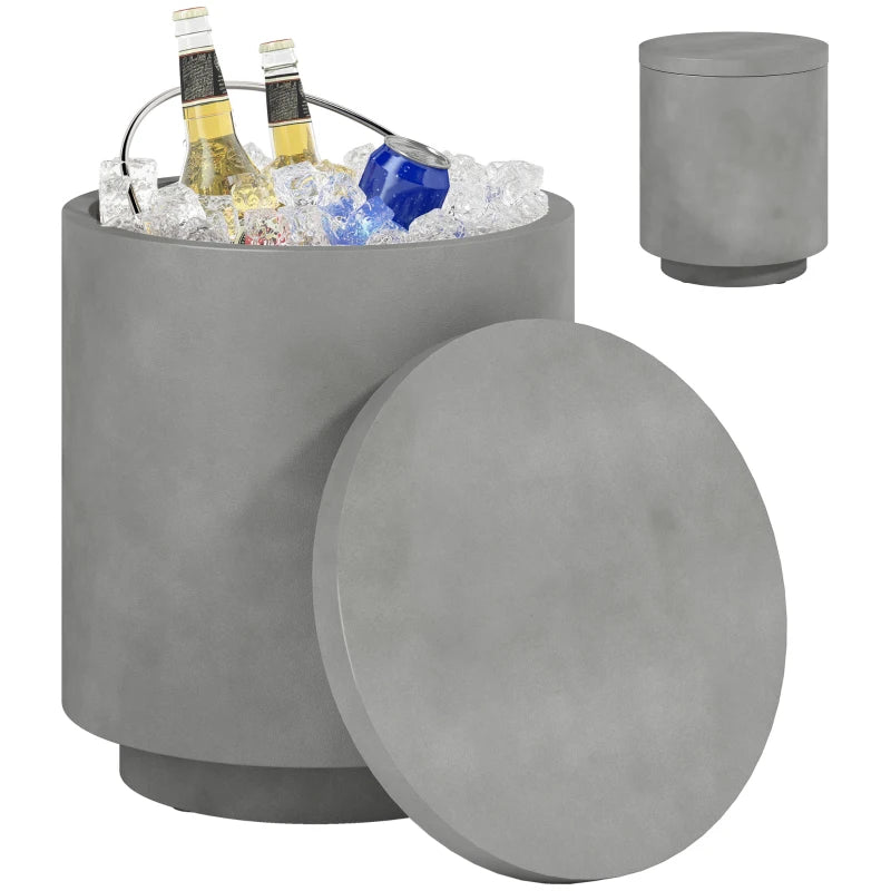 2.6 Gal Outdoor Side Table, 3-In-1 Concrete Cooler Bar Table with Storage, Removable Ice Bucket and Lid, Light Grey