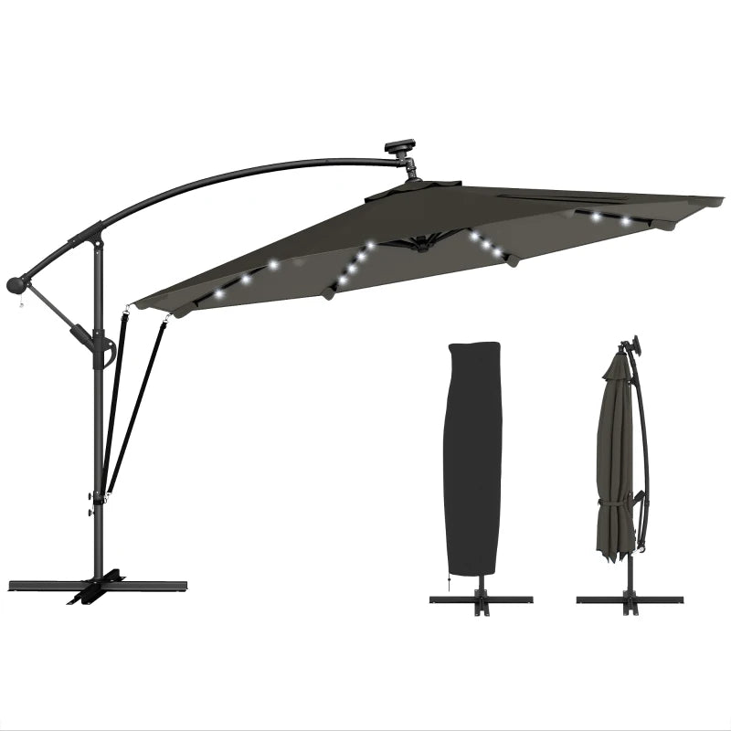 11.3 ft Cantilever Patio Umbrella with Light, Cover, Aluminium UPF50+ Offset Outdoor Umbrella Parasol, Dark Grey