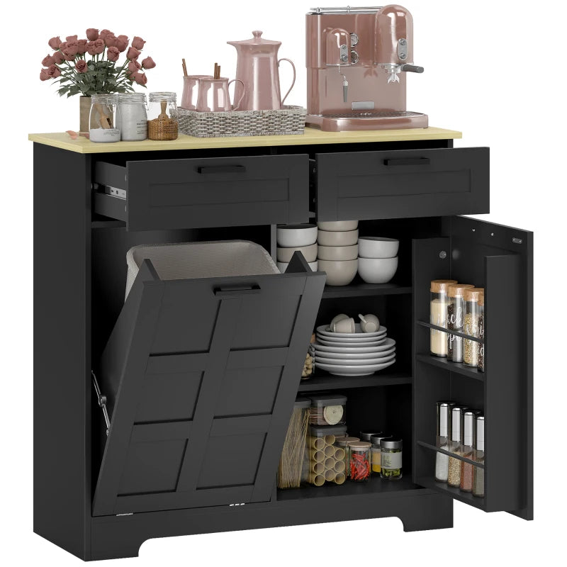 7 Gallon Tilt Out Garbage Cabinet, Kitchen Island with Trash Cabinet, 2 Drawers, Door Racks, Adjustable Shelves, Black
