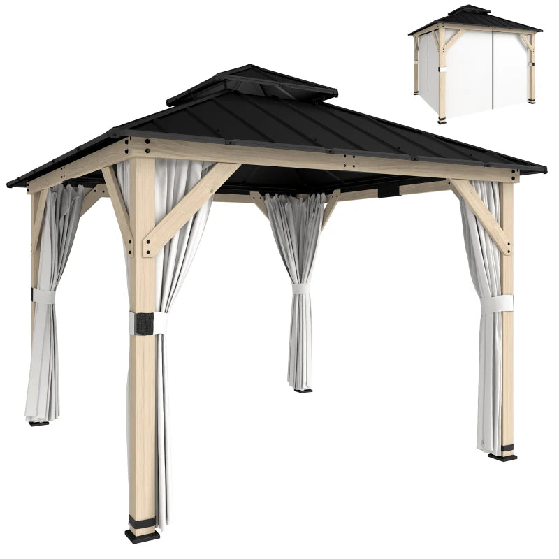 10' x 10' Outdoor Hardtop Gazebo with Double Steel Roof, Wood Patio Gazebo with Curtains, Hook, Light Grey