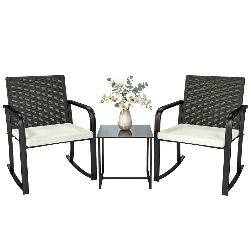 3 Pieces Rocking Bistro Set Outdoor Patio Furniture Set with Cushions, Glass Coffee Table for Balcony, Cream White
