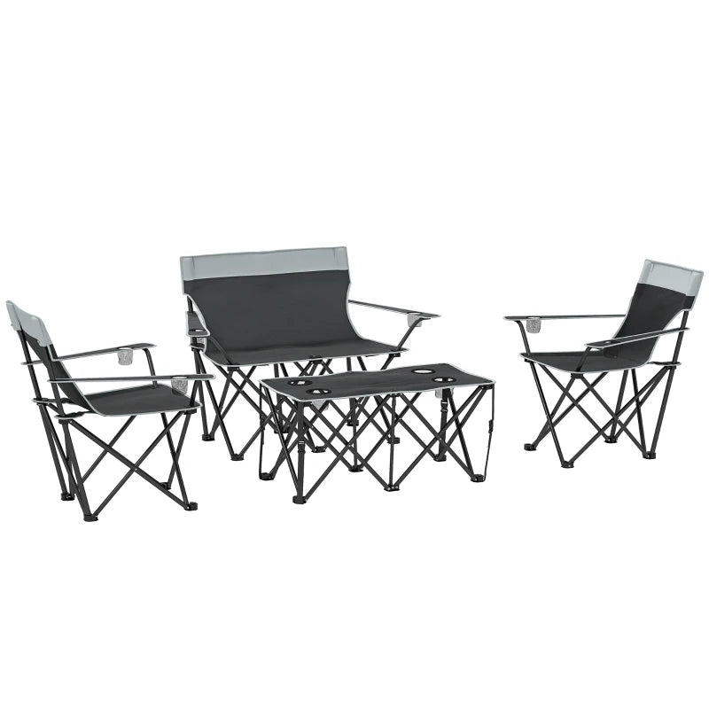 4 Piece Folding Camping Table and Chairs, Outdoor Lawn Chair Set w/ Table, Cup Holders for Hiking, Picnic, Grey