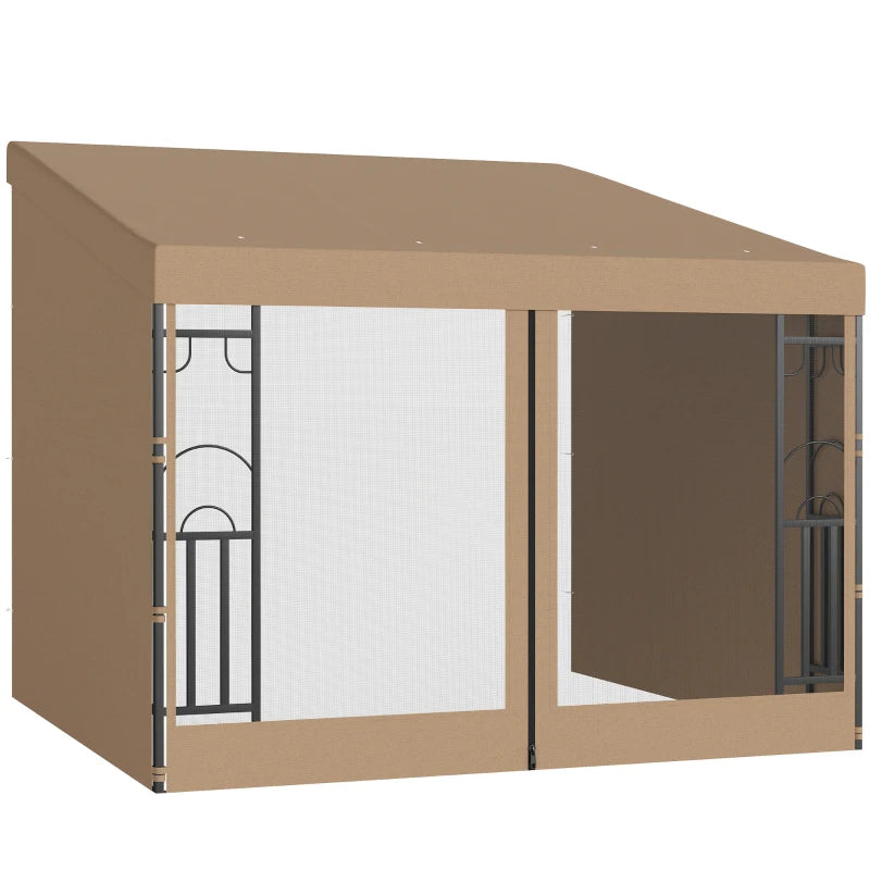 10' x 10' Wall Pergola, Outdoor Gazebo with 2 Curtains and 2 Nettings, UV Resistant, for Patio, Deck, Khaki
