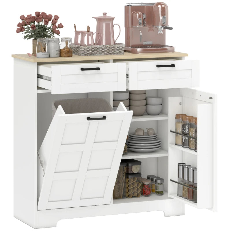7 Gallon Tilt Out Garbage Cabinet, Kitchen Island with Trash Cabinet, 2 Drawers, Door Racks, Adjustable Shelves, White