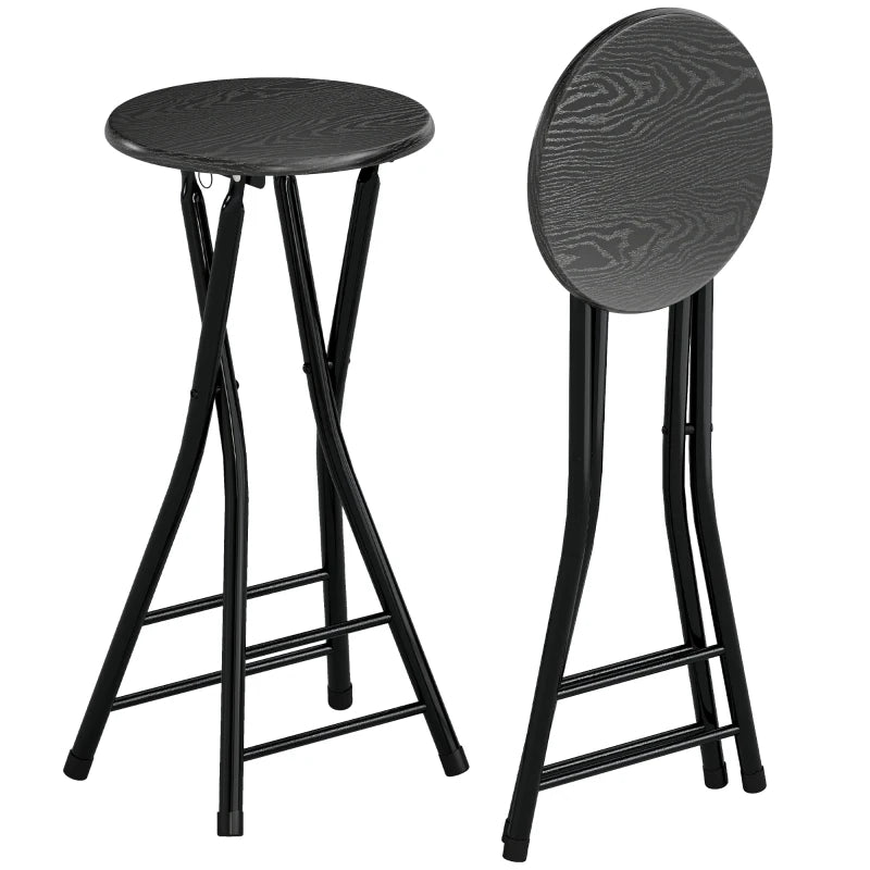 Set of 2 Foldable Barstools, Counter Height Bar Stools with Footrest and Steel Legs for Kitchen Island, Black