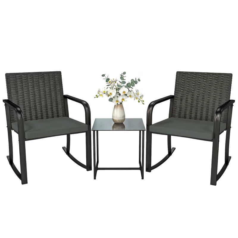3 Pieces Rocking Bistro Set Outdoor Patio Furniture Set with Cushions, Glass Coffee Table for Balcony, Grey
