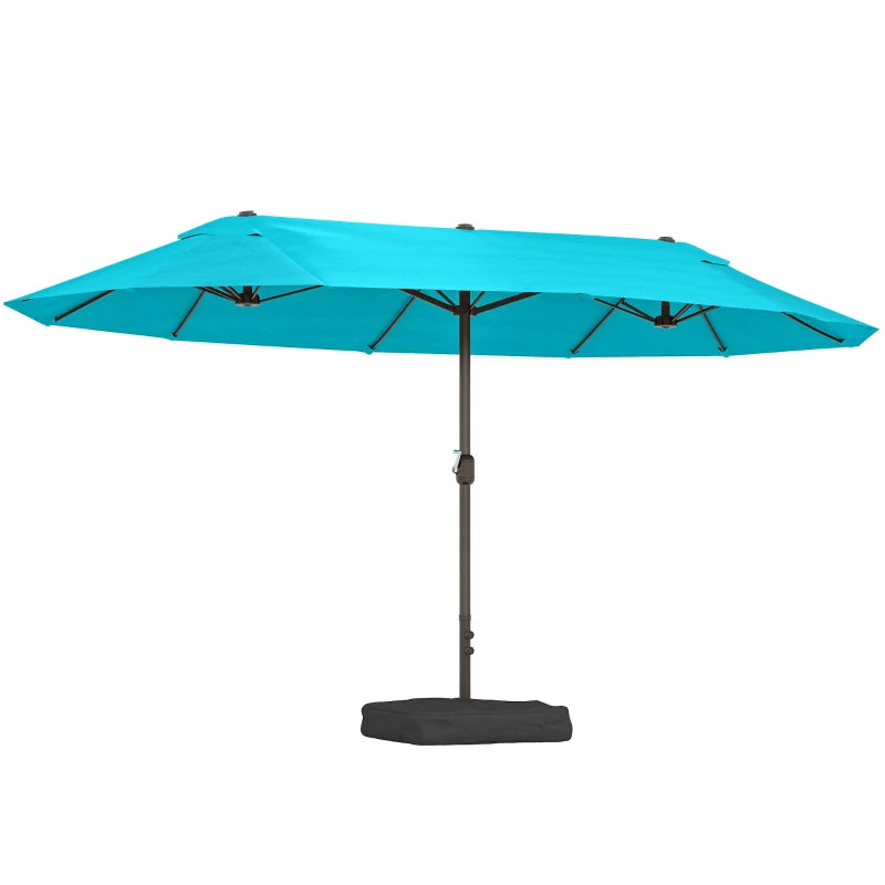 15' Outdoor Patio Umbrella with Twin Canopy Sunshade Steel Table Umbrella w/ Lift Crank, Cross base, Sandbag, Light Blue
