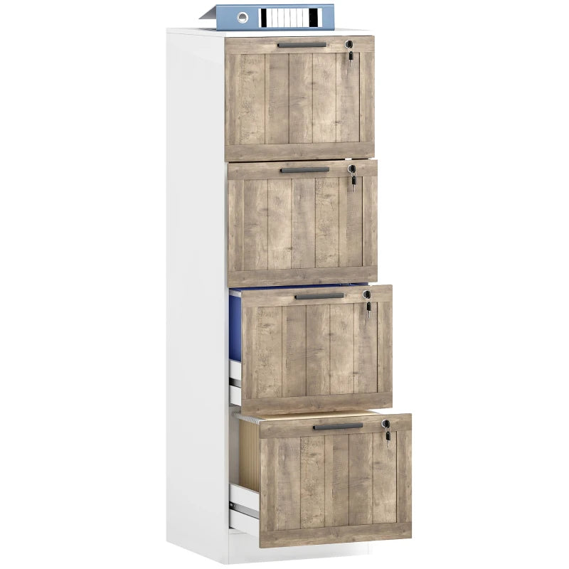 4 Drawer Filing Cabinet, Farmhouse File Cabinet with Lock, Adjustable Hanging Rails for A4 Letter Size Files, White