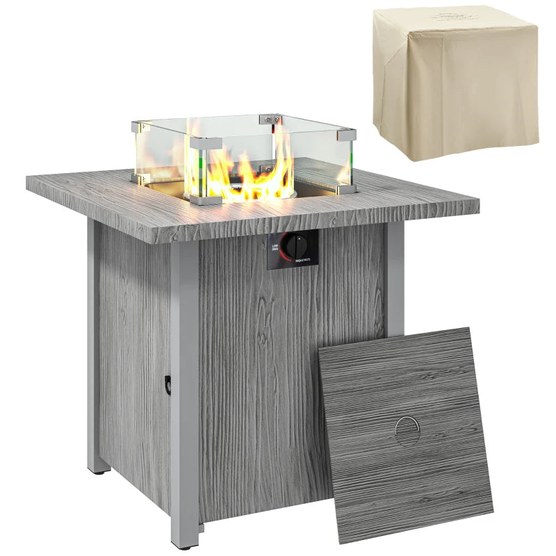 28" 50,000 BTU Gas Fire Pit Table with Cover and Glass Screen, Grey