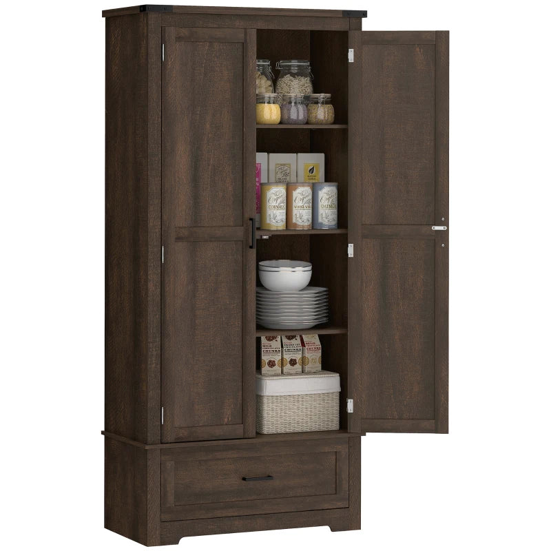 69" Tall Farmhouse Kitchen Pantry Cabinet with 2 Doors, Drawer and Adjustable Shelves, Dark Brown