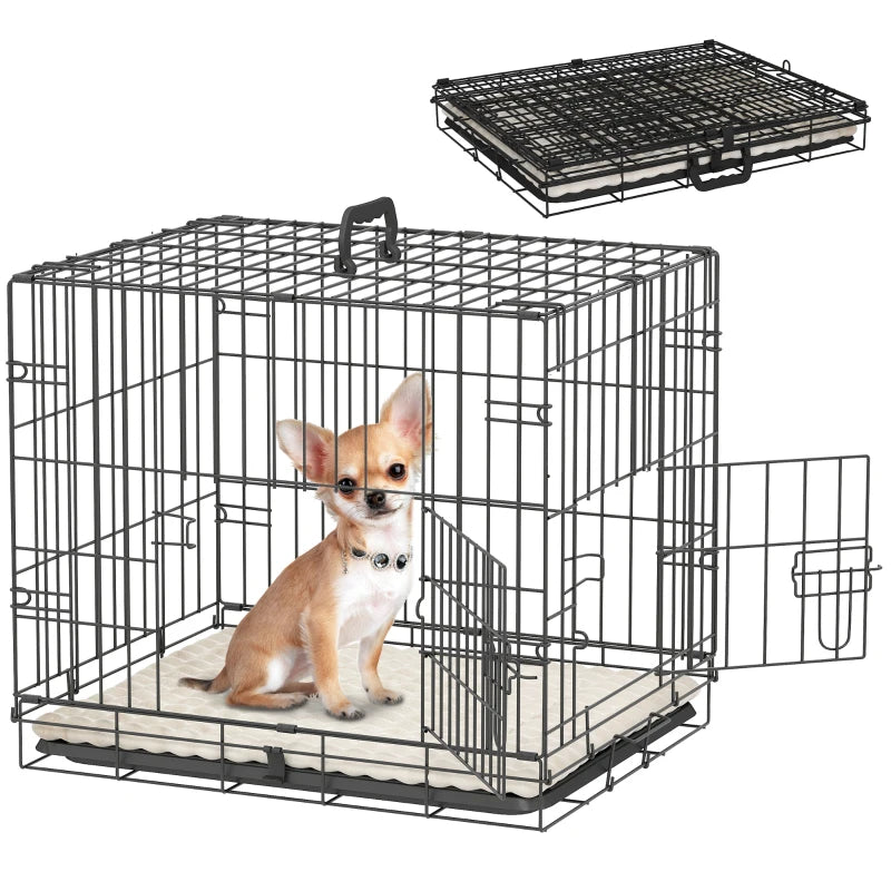 24" Dog Crate with 2 Doors, Folding Metal Dog Cage with Soft Cushion, Removable Tray, Handle for Extra Small Dogs, Black