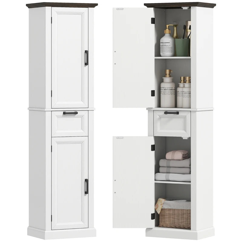 65" Tall Bathroom Storage Cabinet, Freestanding Farmhouse Slim Bathroom Cabinet with 2 Doors, Shelves and Drawer, White