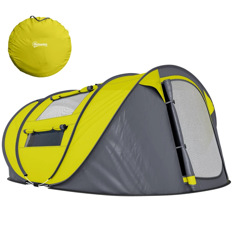 4 Person Camping Tent, Easy Pop Up Tent with Doors, Windows and Carry Bag, Automatic Setup Tent for Hiking, Yellow