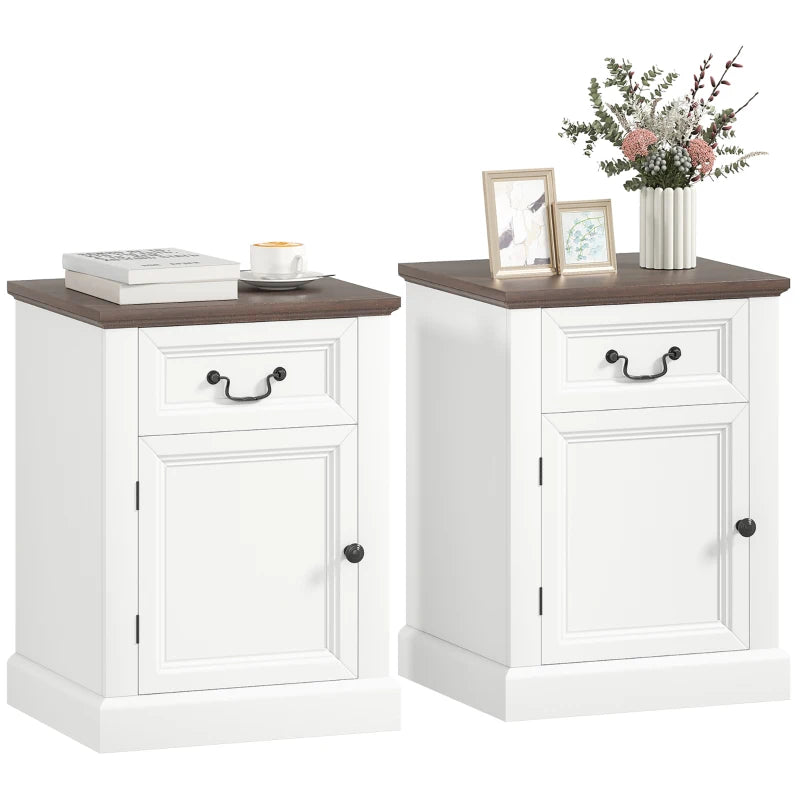 Side Table Set of 2, End Tables with Drawer and Cabinet, Nightstands for Small Spaces, Living Room, White