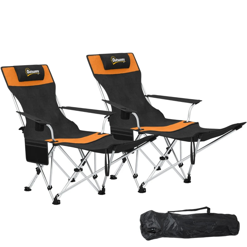 Set of 2 Reclining Camping Chair with Foot Rest, Folding Camping Chair w/ Headrest, Cup Holder, Storage Bag, Orange