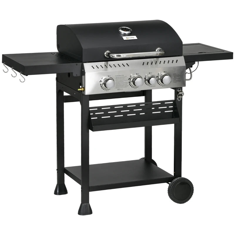 38,000 BTU Propane Gas Grill BBQ Cart with 3 Main Burners, 1 Side Burner, with Warming Rack, Side Prep Tables, Black