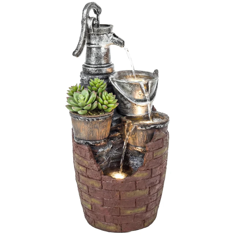4-Tier Outdoor Fountain with Planter, Cascading Waterfall Feature with LED Lights, Rustic Brown and Grey