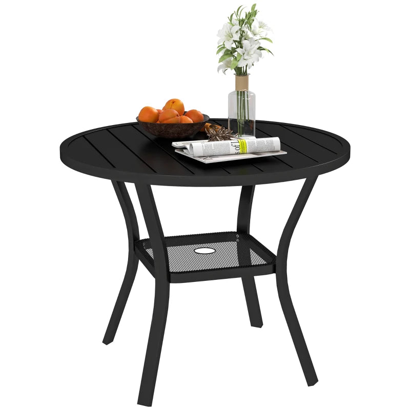 35.5" Round Outdoor Dining Table for 4, Metal Garden Patio Table with 1.6"-2" Umbrella Hole, Shelf, Slatted Top, Black