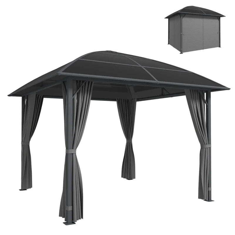 10' x 10' Outdoor Hardtop Gazebo Canopy with UV50+ Polycarbonate Roof, Steel Frame, Central Hook, Curtains, Light Grey