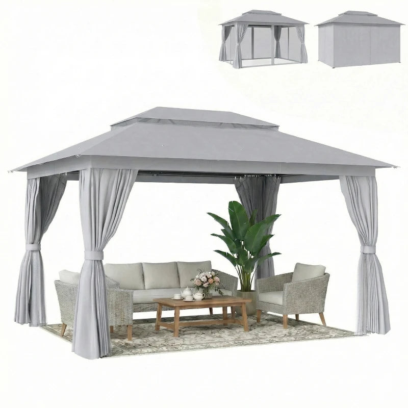 10' x 13' Patio Gazebo, UPF50+ Double Roof Outdoor Gazebo Canopy with Netting and Curtains, Steel Frame, Dark Grey