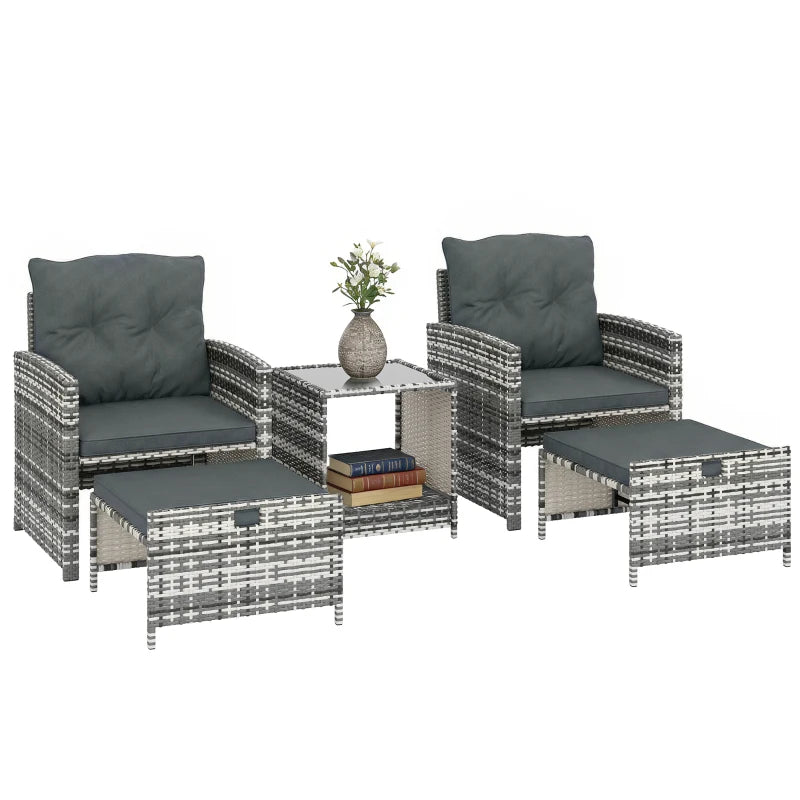 5 Piece Patio Furniture Set, Wicker Patio Chairs with Ottomans, 2-Tier Glass Coffee Table and Cushions, Grey/Dark Grey