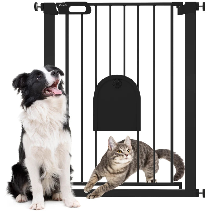 30"-32" Extra Wide Pet Gate Barrier with Small Door, 35"H Dog Gate with Safety Gate Barrier, Stair Pressure Fit, Black