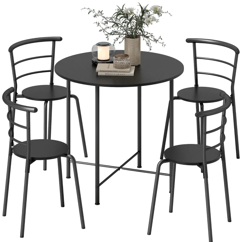 5 Piece Dining Table Set, Space Saving Round Dining Set for 4 with Metal Frame for Small Spaces, Black Wood Grain